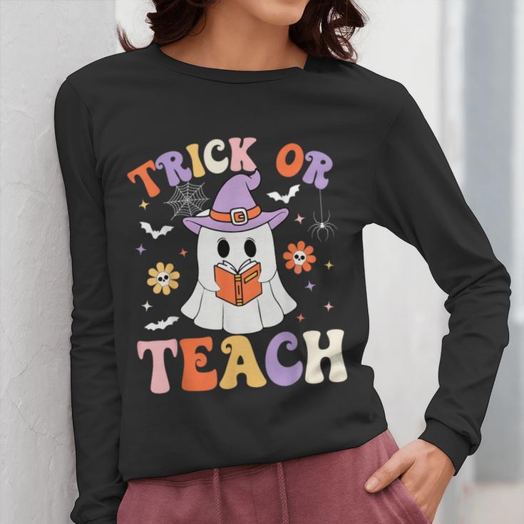 Trick Or Teach Teacher Groovy Ghost Halloween Teacher Women Long Sleeve T-Shirt, Groovy Teacher Gifts, funny design