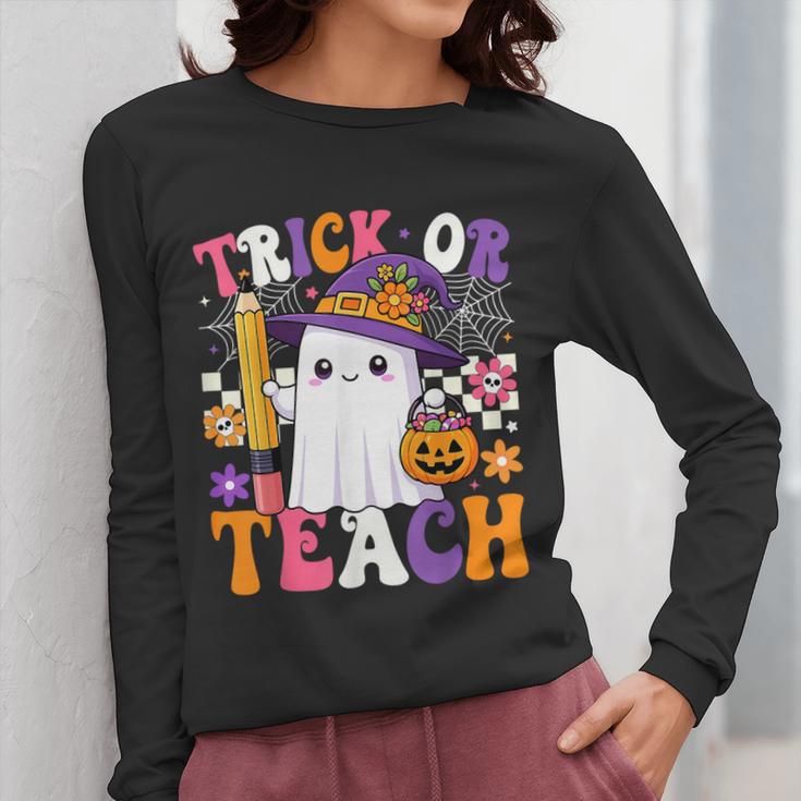 Trick Or Teach Teacher Pencil Ghost Halloween Teacher Women Long Sleeve T-Shirt, funny design