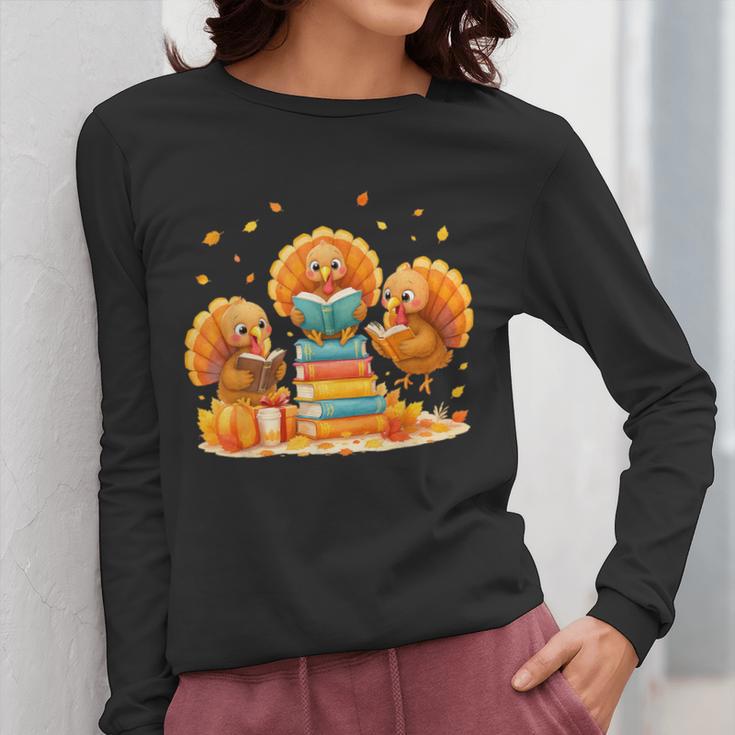 Turkey Read Books Reading Fall Thanksgiving Teacher Women Long Sleeve T-Shirt, funny design