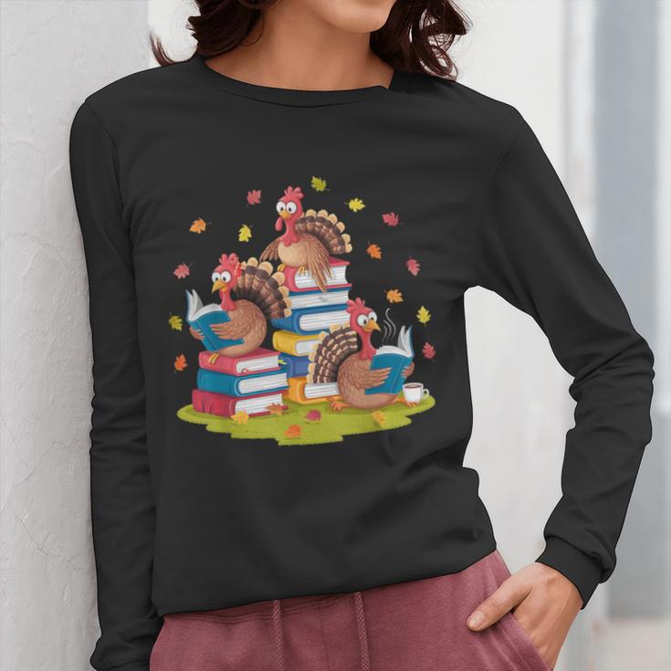 Turkey Reading Books Fall Season Thanksgiving Teacher Book Women Long Sleeve T-Shirt, funny design
