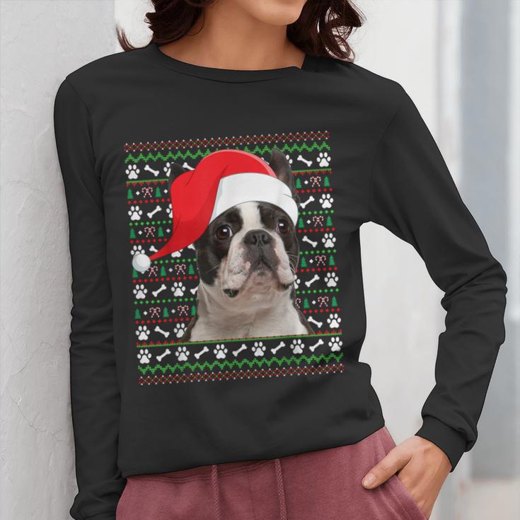 Ugly Xmas Sweater Santa Boston Terrier Dog Christmas For Men Women Kids Women Long Sleeve T-Shirt, Boston Terrier Christmas Gifts, funny design