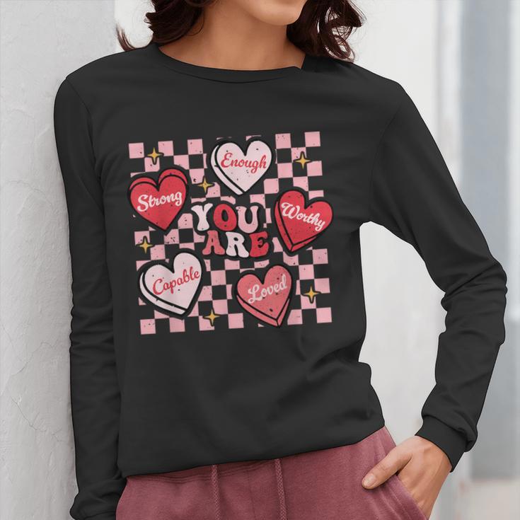 Valentine You Are Loved Worthy Enough Candy Heart Teacher For Men Women Girls Kids Women Long Sleeve T-Shirt, funny design