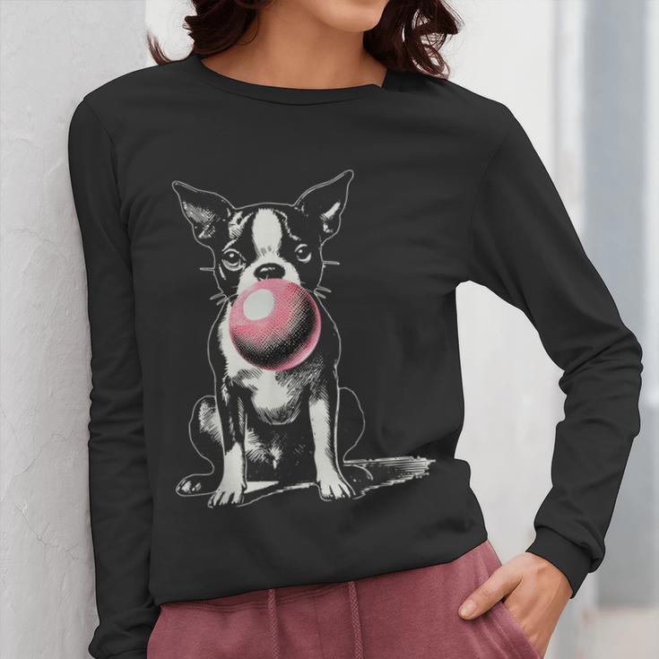 Vintage Boston Terrier Blowing Bubble Gum American Gentleman Women Long Sleeve T-Shirt, American Boston Terrier Gifts, funny design