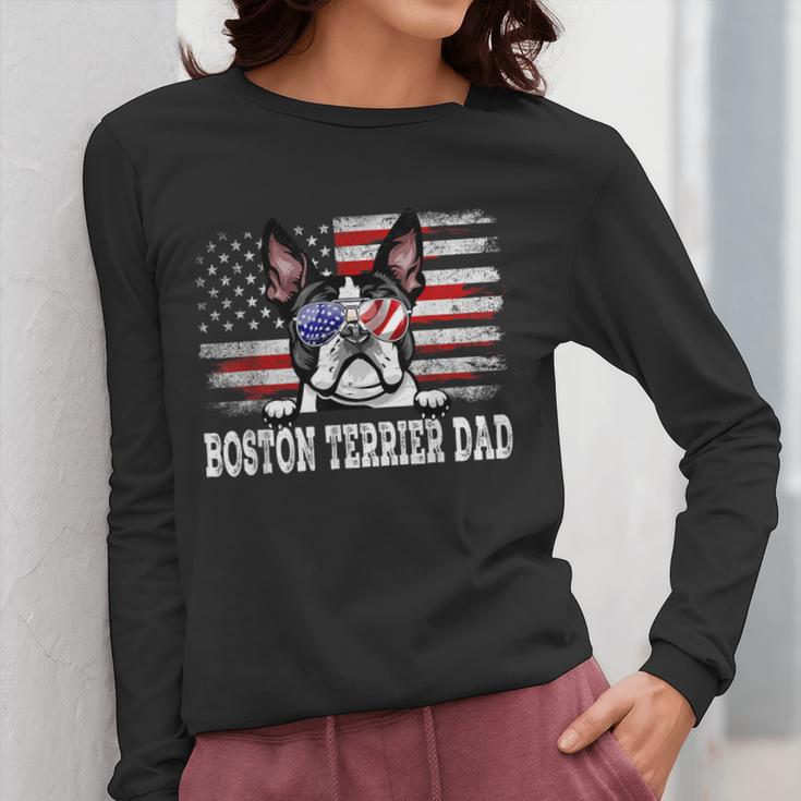 Vintage Boston Terrier Dad American Flag Father's Day Women Long Sleeve T-Shirt, Couple Gifts, Boston Terrier Dad Gifts, American Boston Terrier Gifts, funny design