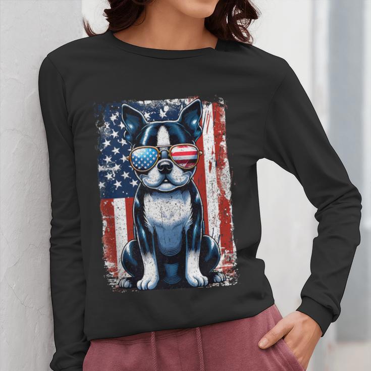 Vintage Boston Terrier Dog American USA US Flag Pets Lovers Tank Top Women Long Sleeve T-Shirt, American Boston Terrier Gifts, funny design