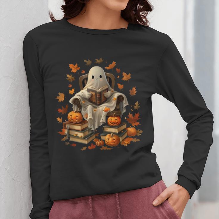 Vintage Ghost Book Reading Pumpkin Gothic Halloween Teachers Men Women Kids Women Long Sleeve T-Shirt, funny design