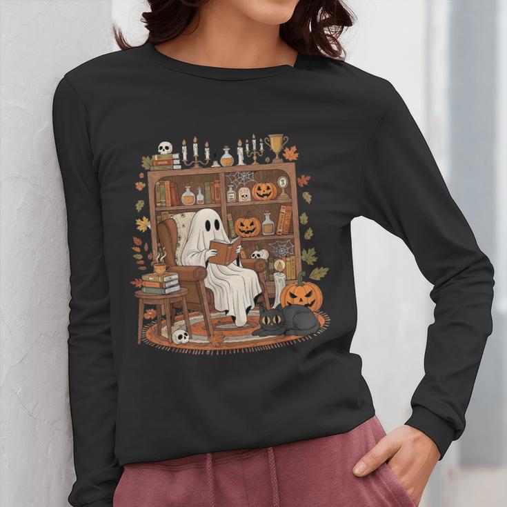 Vintage Ghost Book Reading Pumpkin Gothic Halloween Teachers Women Long Sleeve T-Shirt, funny design
