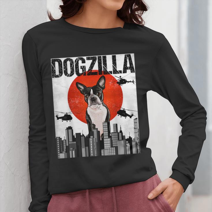 Vintage Japanese Dogzilla Boston Terrier Women Long Sleeve T-Shirt, funny design