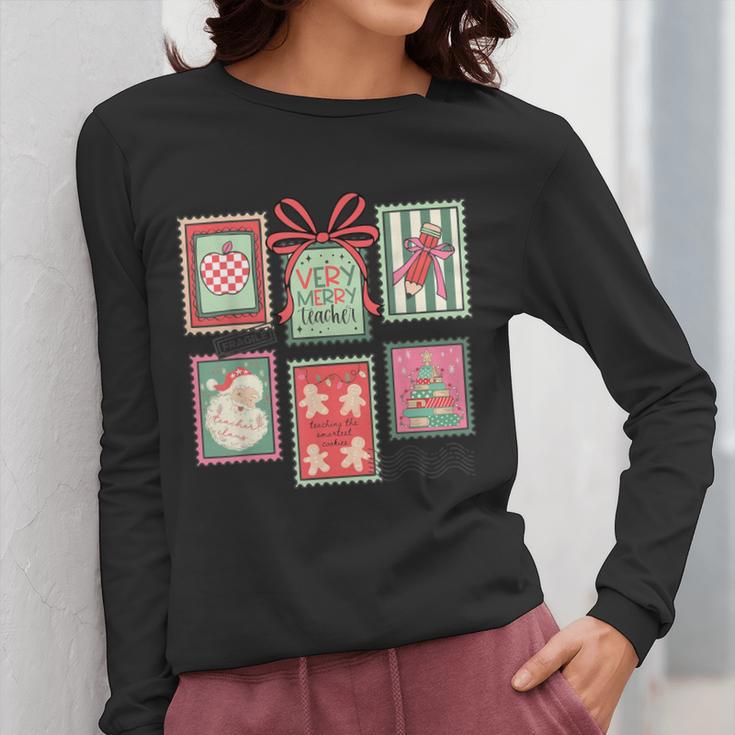 Vintage Preppy Very Merry Teacher Santa Stamps Christmas Women Long Sleeve T-Shirt, funny design