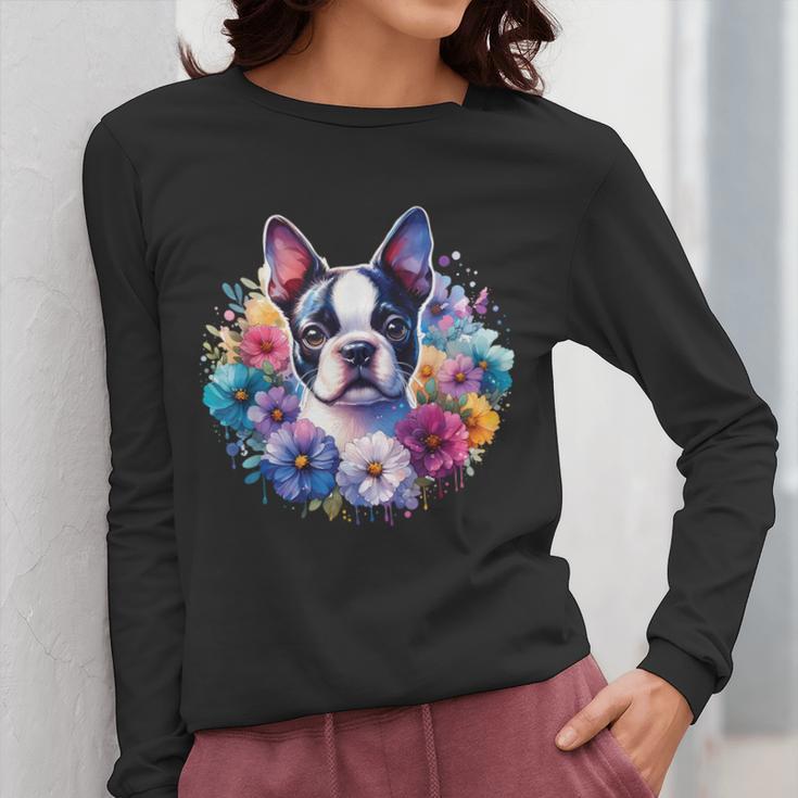 Watercolor Floral Boston Terrier Mama Dog Lover Mother's Day Women Long Sleeve T-Shirt, funny design