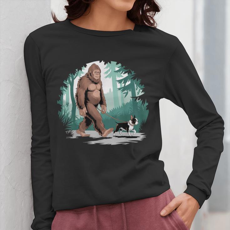 Whimsical Forest Adventures Sasquatch Bigfoot Walking Boston Terrier Dog Lovers Women Long Sleeve T-Shirt, funny design