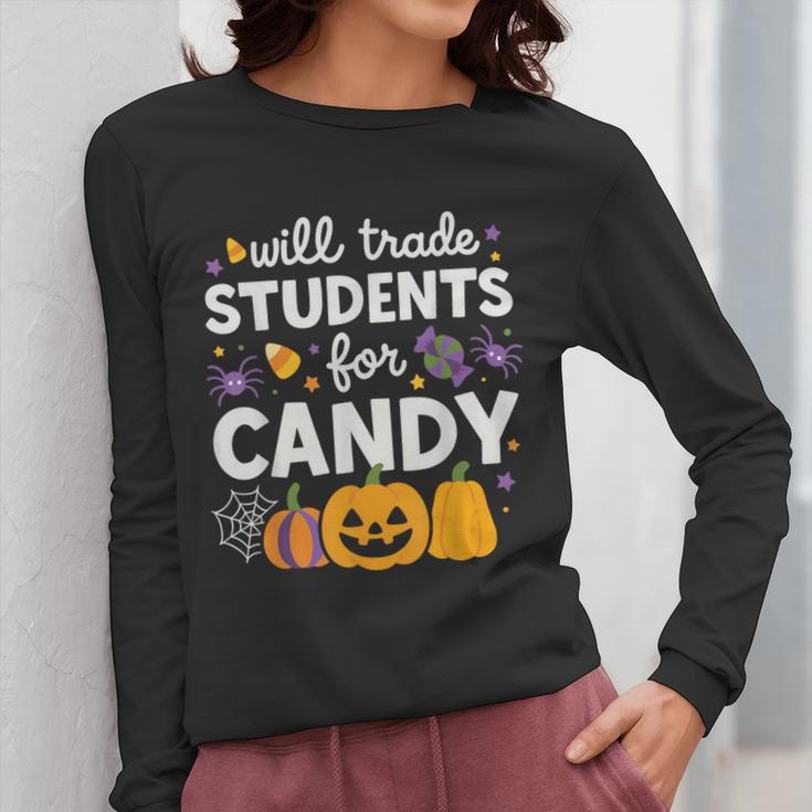Will Trade Students For Candy Teacher Cute Halloween Women Long Sleeve T-Shirt, funny design