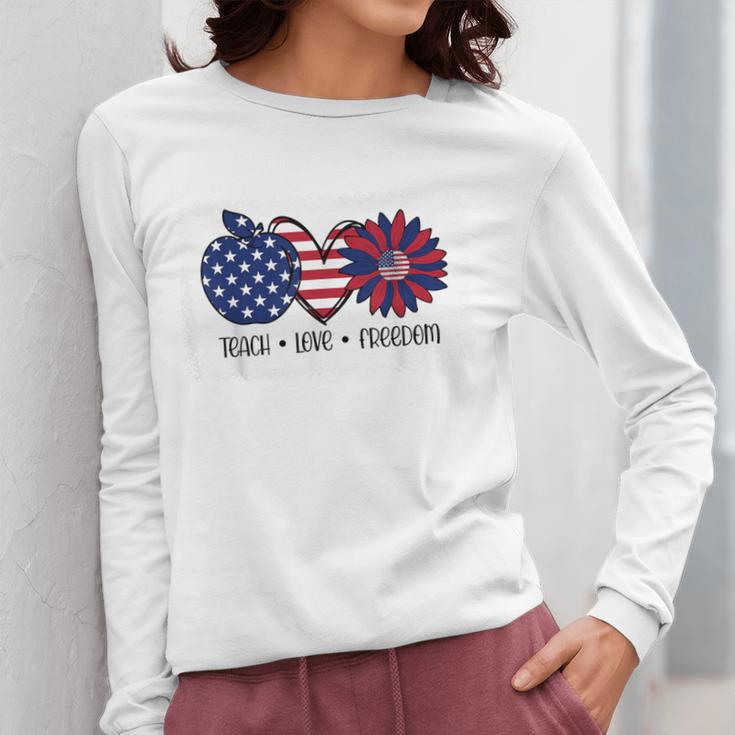 American Flag Teach Love Freedom Preschool Teacher 4th July Women Long Sleeve T-Shirt, funny design