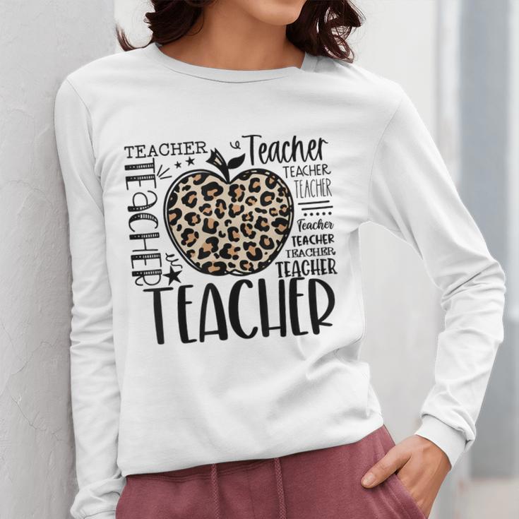 Back To School Teacher Life Apple Leopard Teacher Women Women Long Sleeve T-Shirt, funny design