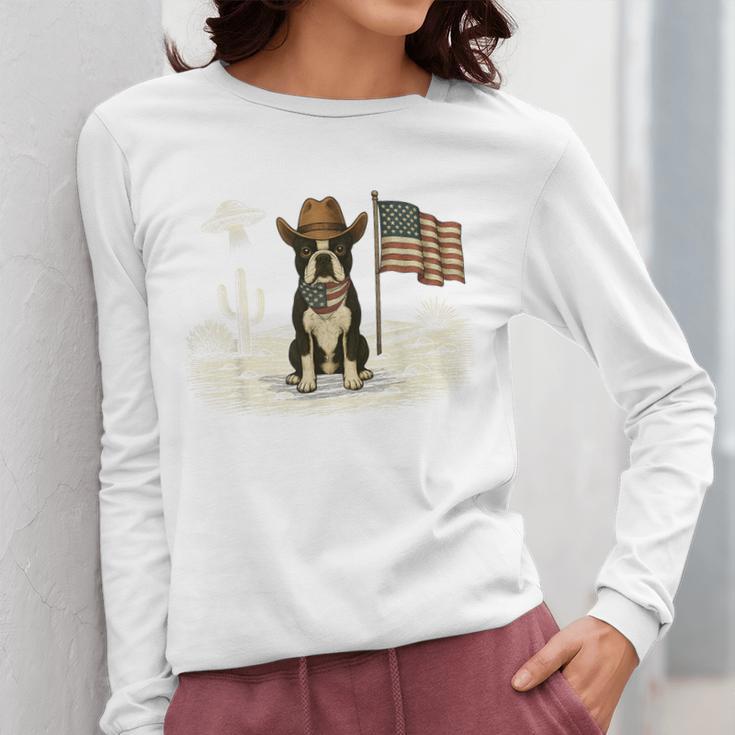Boston Terrier 4th Of July US American Flag Dog Patriotic Women Long Sleeve T-Shirt, Patriotic Boston Terrier Gifts, American Boston Terrier Gifts, Boston Terrier 4th Of July Gifts, funny design