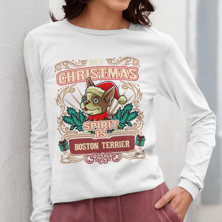 Boston Terrier My Christmas Spirit Dog Santa Claus X-Mas Women Long Sleeve T-Shirt, Boston Terrier Christmas Gifts, funny design