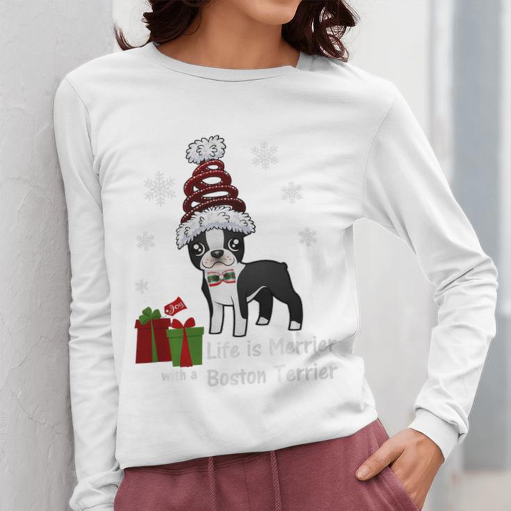 Boston Terrier Christmas T Shirt-Life Is Merrier Premium Tri-Blend Women Long Sleeve T-Shirt, Boston Terrier Christmas Gifts, funny design