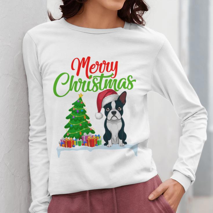 Boston Terrier Christmas Tree Lights Xmas Dog Lover Women Long Sleeve T-Shirt, Boston Terrier Christmas Gifts, funny design