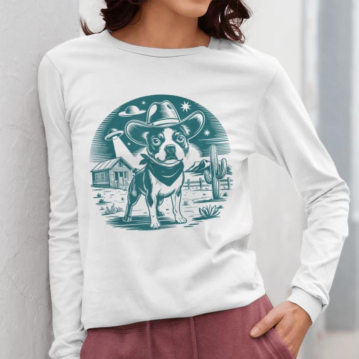 Boston Terrier Cowboy UFO Shirt Vintage Western Dog Mom Tee Women Long Sleeve T-Shirt, Couple Gifts, Mom Gifts, Boston Terrier Mom Gifts, funny design
