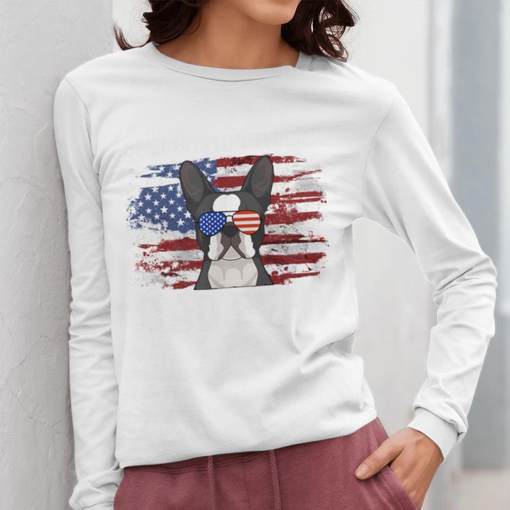 Boston Terrier Dad American Flag 4th Of July Dog Fathers Day Women Long Sleeve T-Shirt, Couple Gifts, Boston Terrier Dad Gifts, American Boston Terrier Gifts, Boston Terrier 4th Of July Gifts, funny design