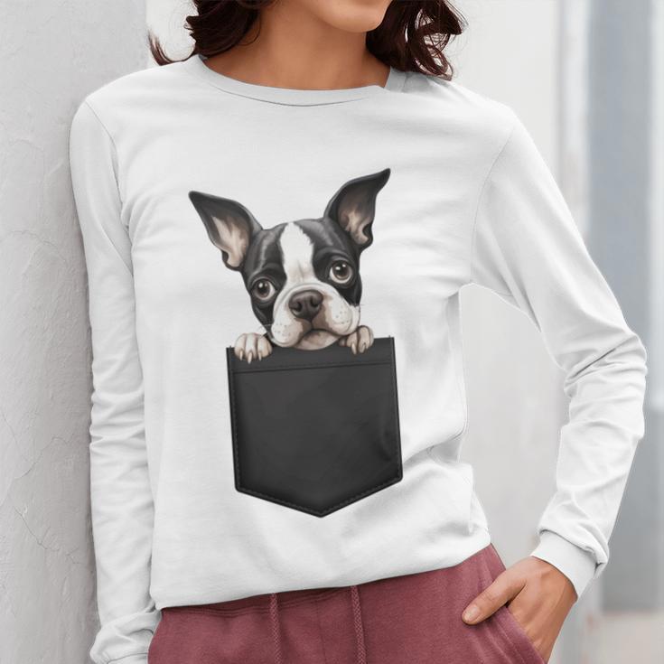Boston Terrier Dog Puppy Dog In Pocket Cute Pet Lover Women Long Sleeve T-Shirt, funny design