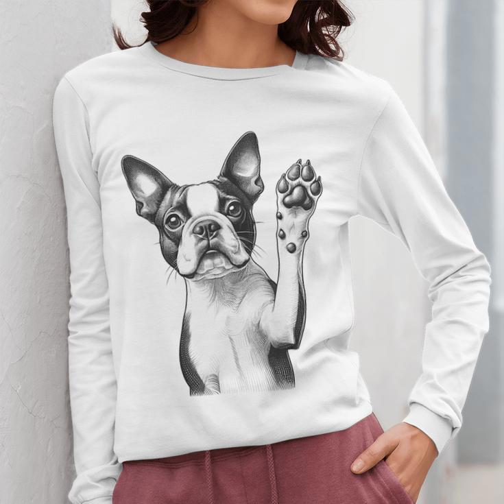 Boston Terrier Dog Raising Paw Idea Men Women Women Long Sleeve T-Shirt, funny design