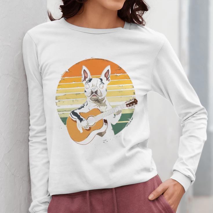 Boston Terrier Guitar Retro Women Long Sleeve T-Shirt, funny design
