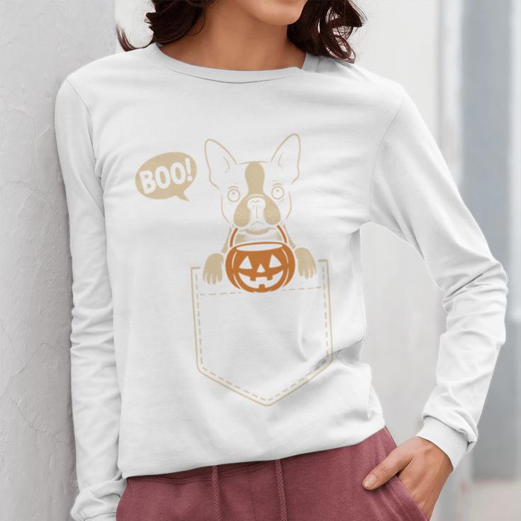 Boston Terrier Halloween Cute Bostie Dog Pocket Boo Women Long Sleeve T-Shirt, Boston Terrier Halloween Gifts, funny design