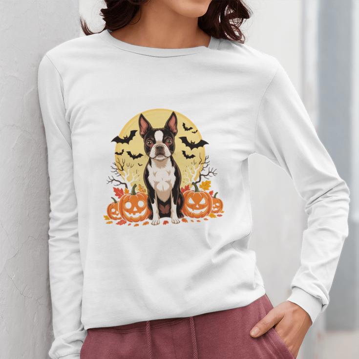 Boston Terrier Halloween Dog Lover Pumpkin Costume Women Long Sleeve T-Shirt, Boston Terrier Halloween Gifts, funny design
