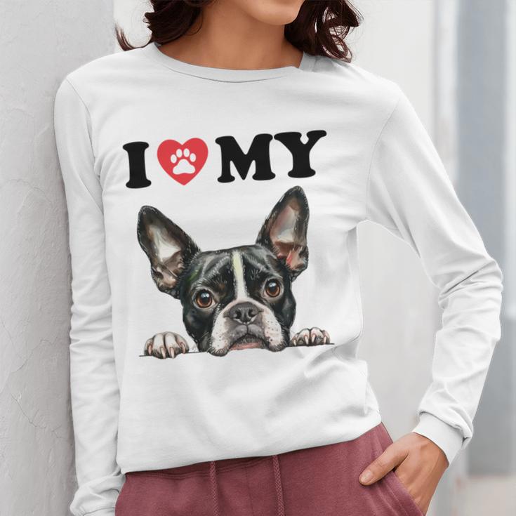 Boston Terrier I Heart My Dog Dog Lover Women Long Sleeve T-Shirt, funny design