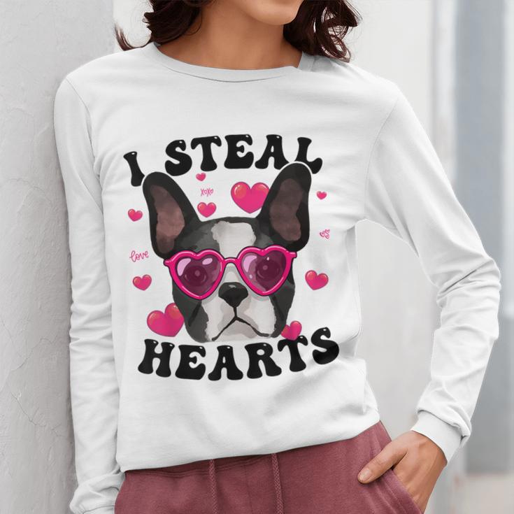 Boston Terrier Heart Glasses Girls Bostie Valentines Day Women Long Sleeve T-Shirt, funny design