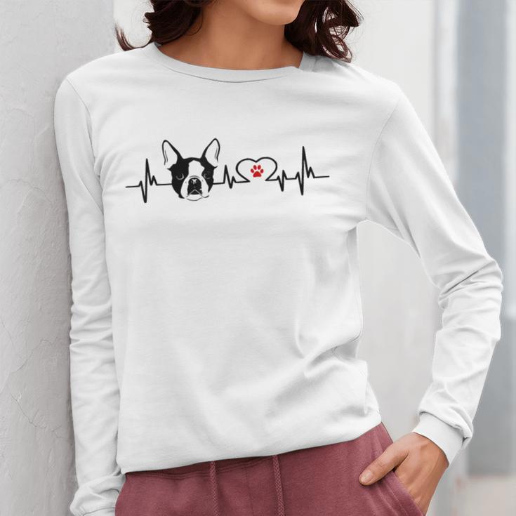 Boston Terrier Heartbeat Heart Line Women Long Sleeve T-Shirt, funny design