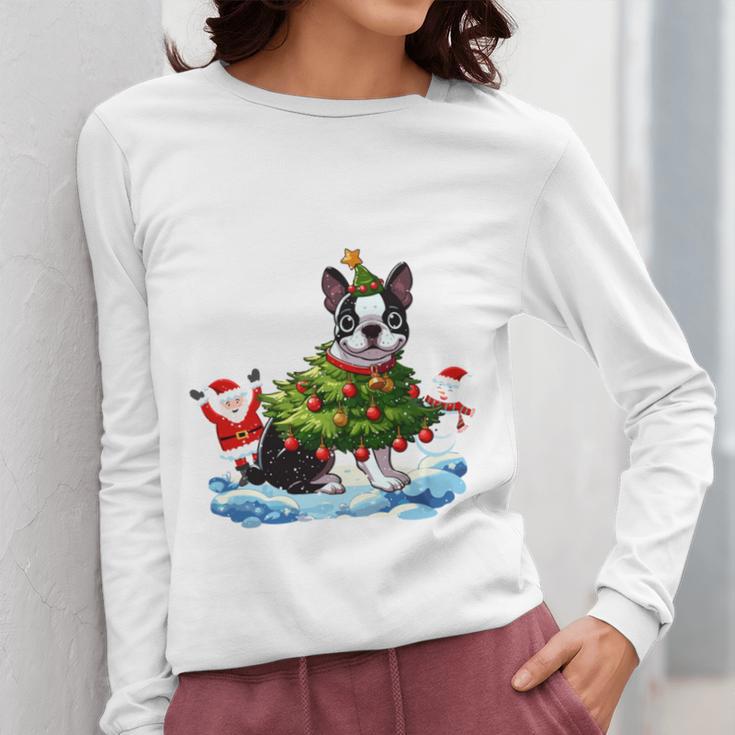 Boston Terrier Merry Christmas Tree Lights Dog X-Mas Dogs Women Long Sleeve T-Shirt, Boston Terrier Christmas Gifts, funny design