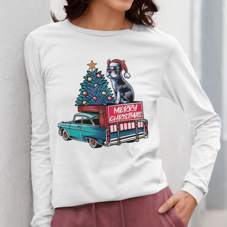 Boston Terrier Merry Christmas Tree Truck Santa Dog X-Mas Women Long Sleeve T-Shirt, Boston Terrier Christmas Gifts, funny design