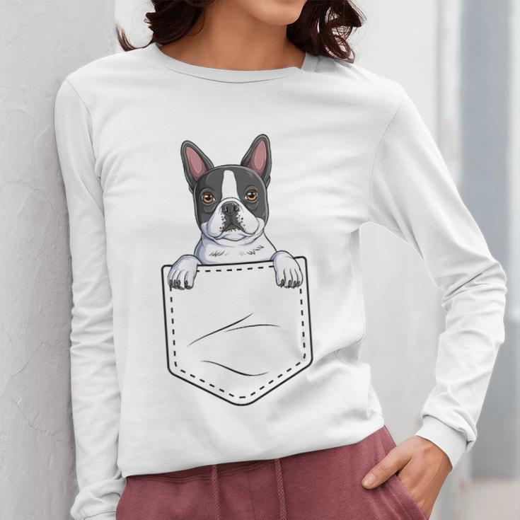 Boston Terrier In The Pocket Cute Boston Terrier Dog Lovers Men Women Girls Kids Women Long Sleeve T-Shirt, funny design