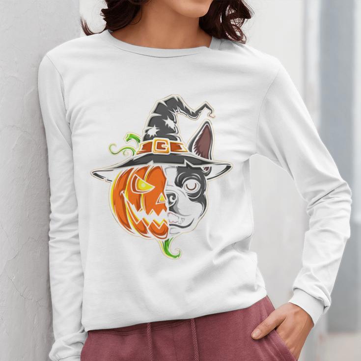 Boston Terrier Pumpkin Jack O Lantern Halloween Women Long Sleeve T-Shirt, Boston Terrier Halloween Gifts, funny design