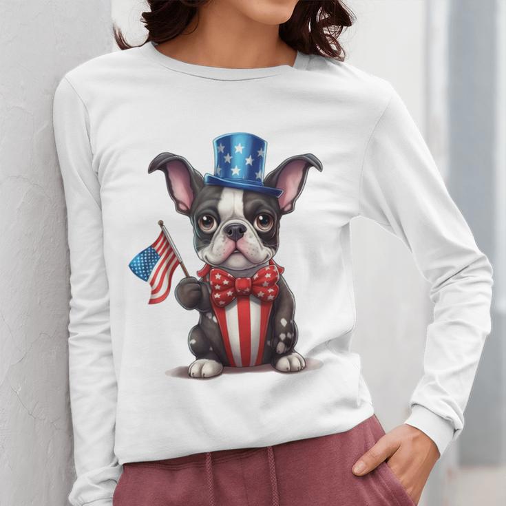 Boston Terrier Puppy Dog Holds His American Flag 4th Of July Women Long Sleeve T-Shirt, American Boston Terrier Gifts, Boston Terrier 4th Of July Gifts, funny design