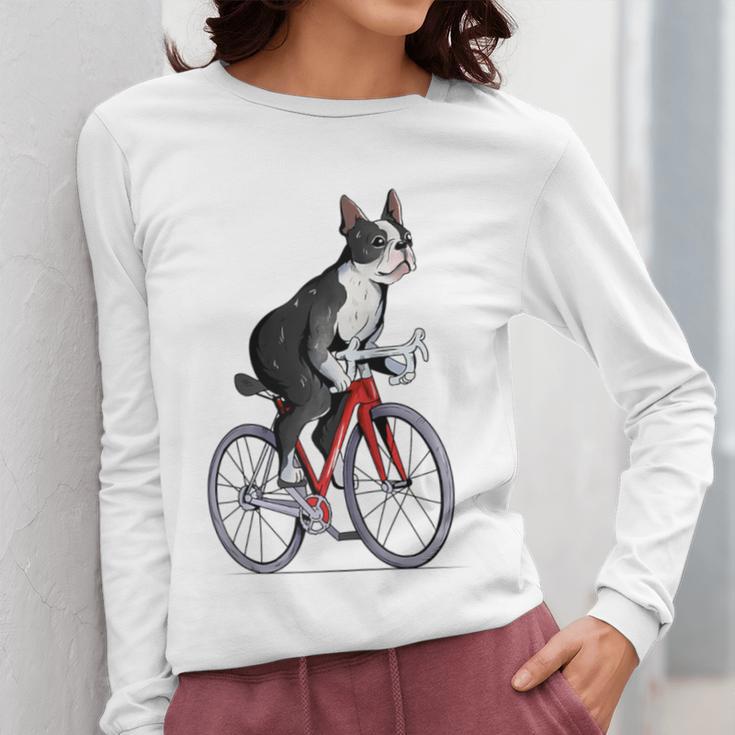 Boston Terrier Riding Bicycle Cute Bostie Biker Raglan Baseball Tee Women Long Sleeve T-Shirt, Boston Terrier Riding Gifts, funny design