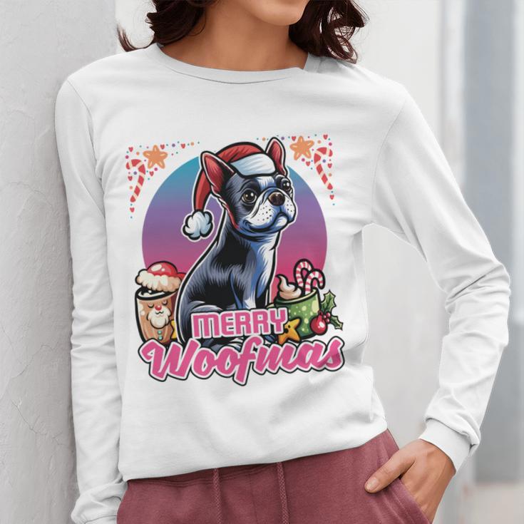Boston Terrier Santa Claus Coffee Mug Merry Christmas Dogs Women Long Sleeve T-Shirt, Boston Terrier Christmas Gifts, funny design