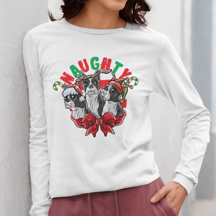 Boston Terrier Santa Claus Elf Reindeer Christmas Dog X-Mas Women Long Sleeve T-Shirt, Boston Terrier Christmas Gifts, funny design