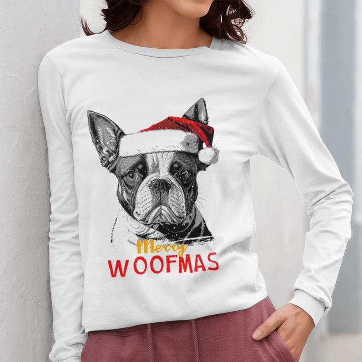 Boston Terrier Santa Claus Hat Merry Christmas Dog X-Mas Women Long Sleeve T-Shirt, Boston Terrier Christmas Gifts, funny design