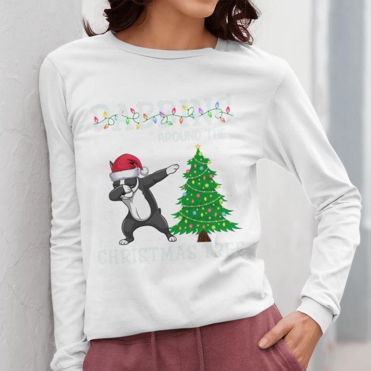Boston Terrier Santa Hat Dabbing Around The Christmas Tree Women Long Sleeve T-Shirt, Boston Terrier Christmas Gifts, funny design