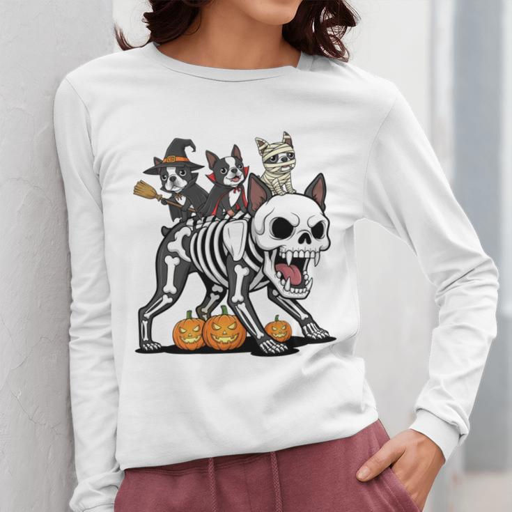 Boston Terrier Skeleton Mummy Witch Halloween Women Long Sleeve T-Shirt, Boston Terrier Halloween Gifts, funny design