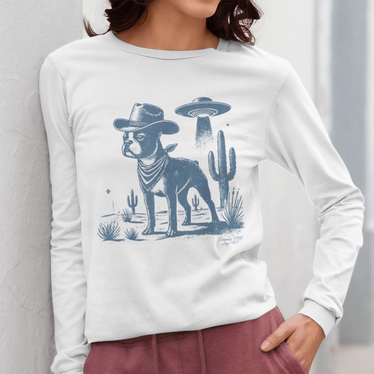 Boston Terrier UFO Cowboy Dog Dog Mom Dog Dad Alien Dog Women Long Sleeve T-Shirt, Couple Gifts, Mom Gifts, Boston Terrier Dad Gifts, Boston Terrier Mom Gifts, funny design