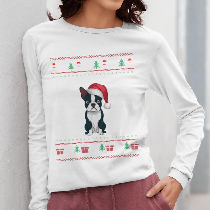 Boston Terrier Wearing Santa Hat Ugly Xmas Dog Lovers Women Long Sleeve T-Shirt, funny design