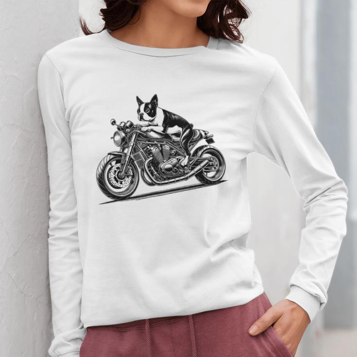 Cool Boston Terrier Riding a Motorcycle Biker Dog Lover For Men Women Kids Women Long Sleeve T-Shirt, Boston Terrier Riding Gifts, funny design