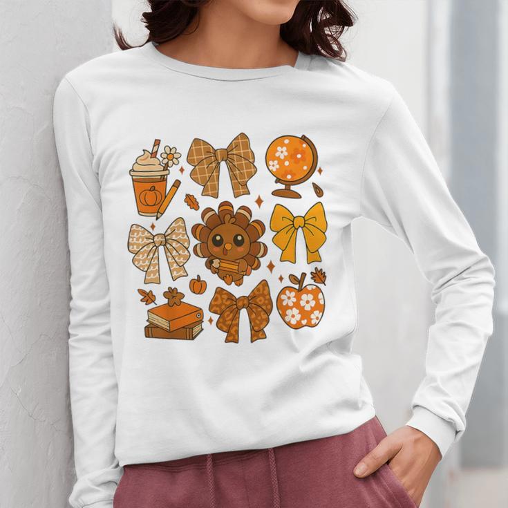 Coquette Teach Teacher Bows Thanksgiving Turkey Fall Autumn Women Long Sleeve T-Shirt, funny design