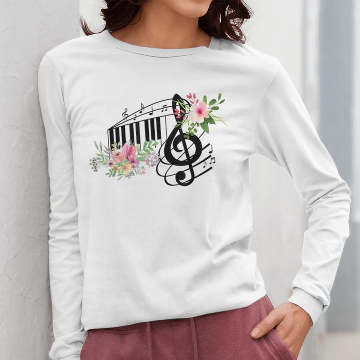 Cut Music Teacher Shirt With a Piano Keys Notes And Flowers Women Long Sleeve T-Shirt, funny design