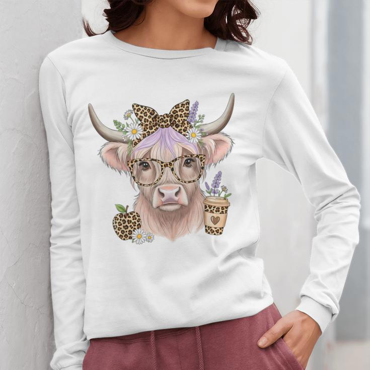 Cute Floral Highland Cow Back To School For Women Teacher Women Long Sleeve T-Shirt, funny design