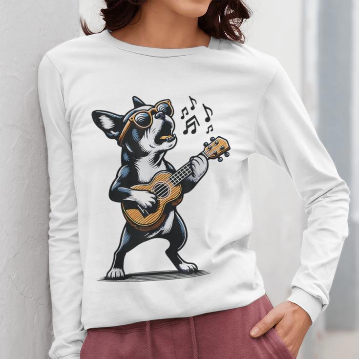 Dog Playing Guitar Singing Boston Terrier For Men Women Girls Kids Women Long Sleeve T-Shirt, funny design